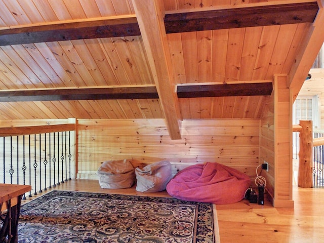 interior space featuring wood ceiling, wooden walls, beam ceiling, and wood finished floors