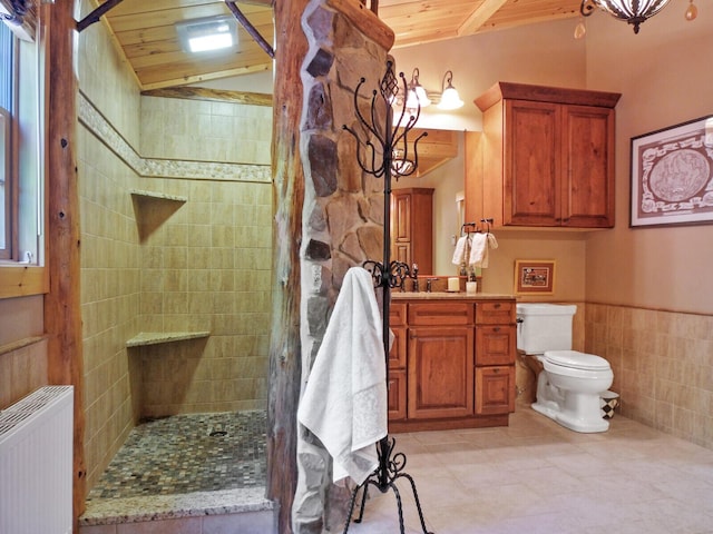 full bathroom featuring lofted ceiling, wooden ceiling, walk in shower, and radiator