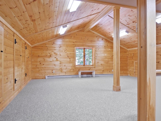 additional living space featuring lofted ceiling, wooden ceiling, and wooden walls