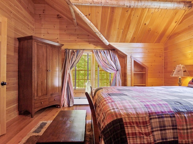 unfurnished bedroom with baseboard heating, wood ceiling, vaulted ceiling, wood walls, and wood finished floors