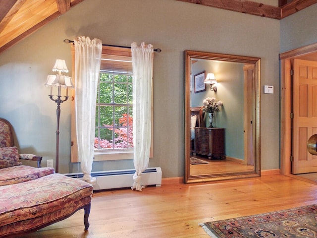 bedroom featuring lofted ceiling, baseboard heating, wood finished floors, and baseboards