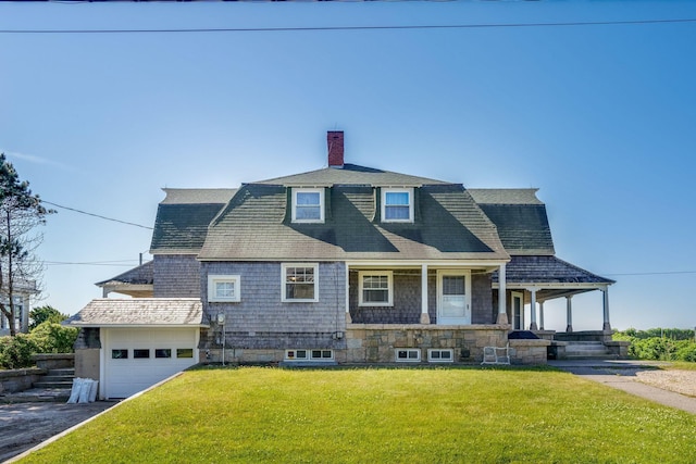 93 Beach Ave, Kennebunk, ME 04043 - view of front of home featuring covered porch, a front yard, a chimney, asphalt driveway, and roof with shingles