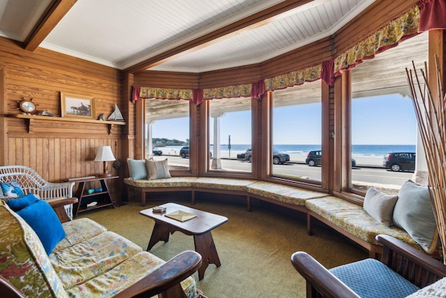 93 Beach Ave, Kennebunk, ME 04043 - carpeted living area with a water view, wooden walls, and beamed ceiling
