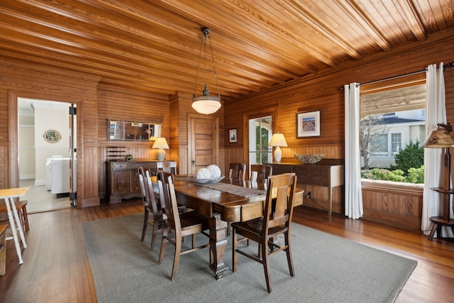 93 Beach Ave, Kennebunk, ME 04043 - dining space with wood walls, wood ceiling, and dark wood-style flooring