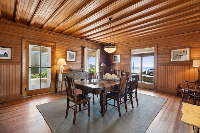 93 Beach Ave, Kennebunk, ME 04043 - dining space featuring wooden ceiling, wood walls, and wood finished floors