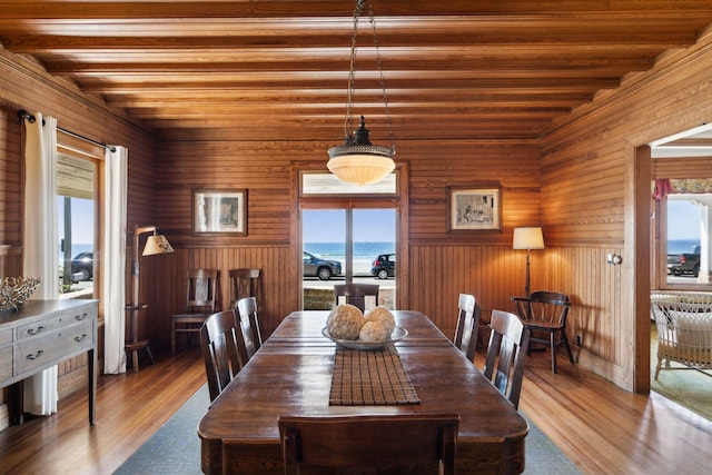 dining space with a water view, wood walls, light hardwood / wood-style flooring, and beamed ceiling