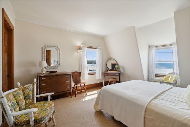 carpeted bedroom featuring a water view, crown molding, and multiple windows