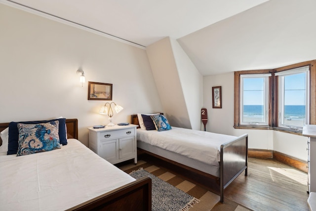 bedroom with lofted ceiling and light hardwood / wood-style floors