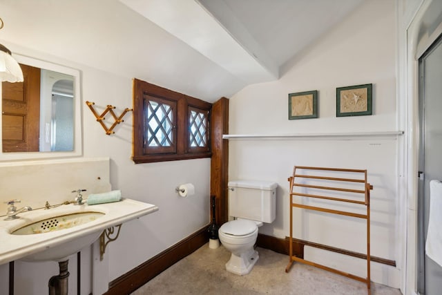 bathroom featuring lofted ceiling and toilet