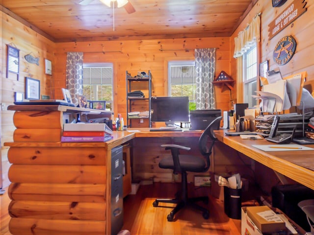 home office featuring hardwood / wood-style flooring, wood ceiling, ceiling fan, and wood walls