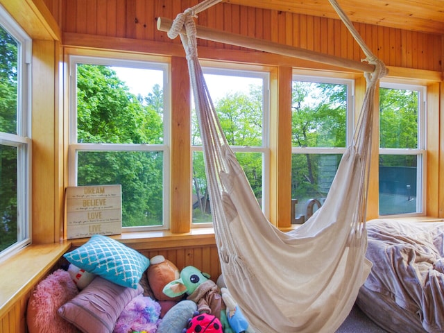 bedroom with wooden walls and multiple windows