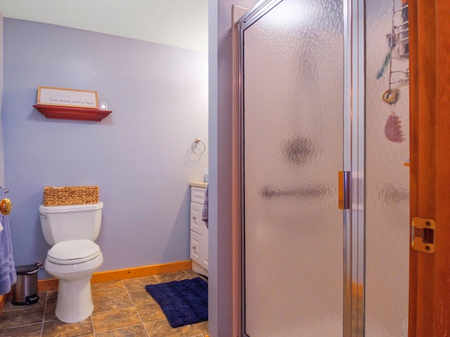 bathroom with tile floors, an enclosed shower, and toilet