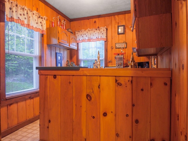 kitchen with a healthy amount of sunlight, wooden walls, ornamental molding, and light tile flooring