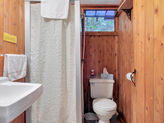 bathroom featuring sink, wooden walls, and toilet