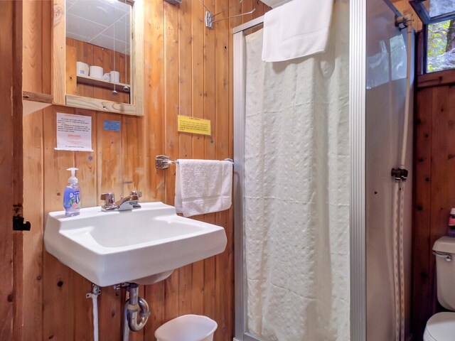 bathroom with wooden walls and toilet