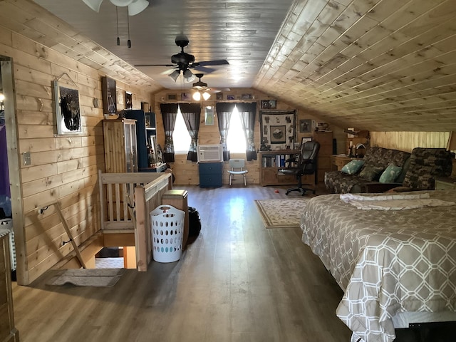 bedroom featuring cooling unit, wooden walls, dark wood-type flooring, wooden ceiling, and lofted ceiling