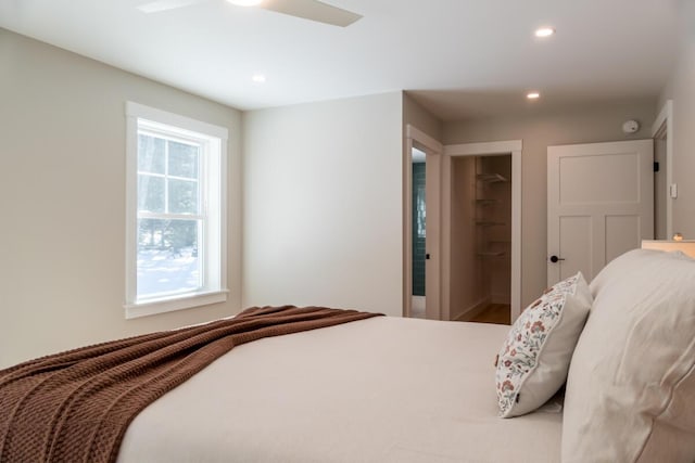 bedroom with recessed lighting and a ceiling fan