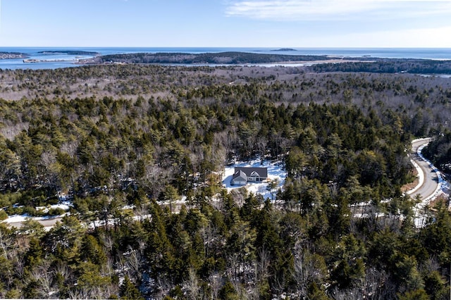 drone / aerial view featuring a water view and a wooded view