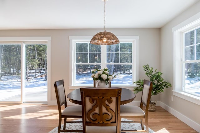 dining room with baseboards, a healthy amount of sunlight, and light wood finished floors