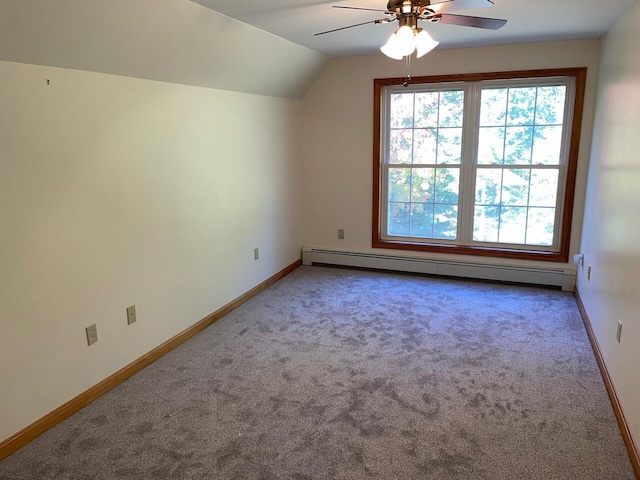 bonus room with a baseboard radiator, carpet, and a ceiling fan