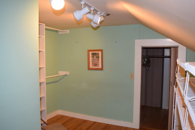 spacious closet featuring lofted ceiling and wood-type flooring