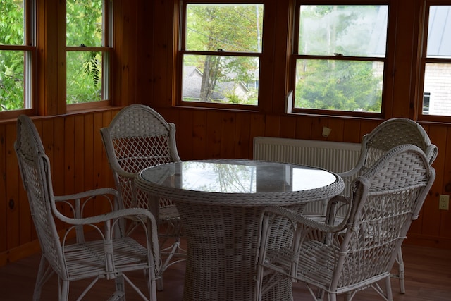 dining space featuring wood walls and wood-type flooring