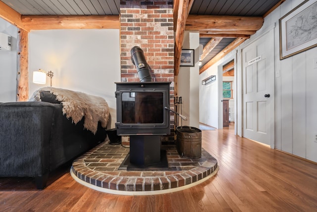 114 Fort Rd, Edgecomb, ME 04556 - living area featuring a wood stove, hardwood / wood-style floors, wood ceiling, and beamed ceiling