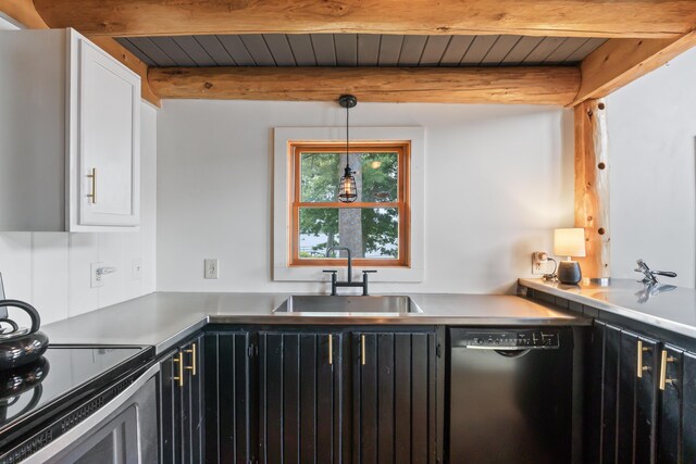 kitchen with dishwasher, sink, hanging light fixtures, wooden ceiling, and beam ceiling