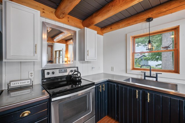 kitchen with pendant lighting, beamed ceiling, stainless steel electric range, wood ceiling, and white cabinets