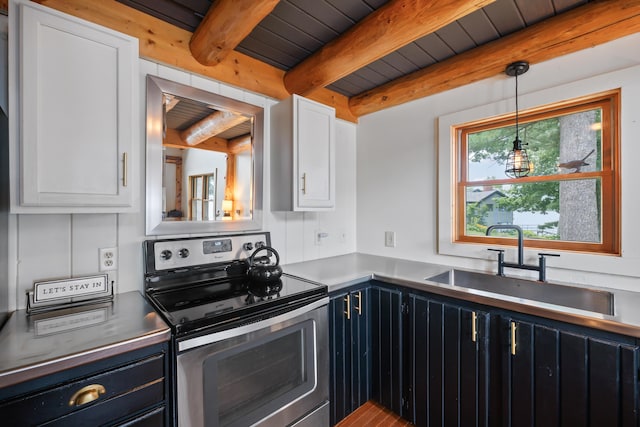 114 Fort Rd, Edgecomb, ME 04556 - kitchen with wood ceiling, beamed ceiling, stainless steel range with electric stovetop, white cabinetry, and a sink