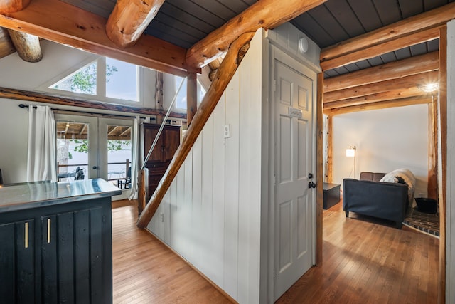 114 Fort Rd, Edgecomb, ME 04556 - interior space with lofted ceiling with beams, french doors, wood ceiling, and hardwood / wood-style flooring