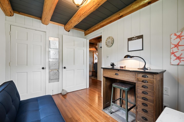 114 Fort Rd, Edgecomb, ME 04556 - interior space with light wood-style floors, wooden ceiling, and beamed ceiling