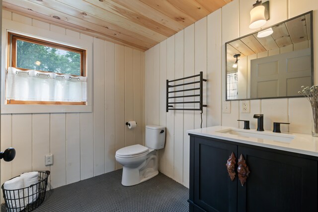 bathroom featuring wooden ceiling, vanity, toilet, and wood walls