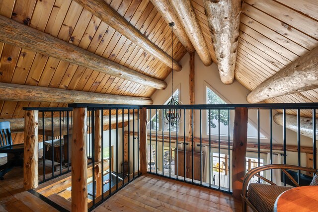 interior space with hardwood / wood-style floors, wood ceiling, and lofted ceiling with beams