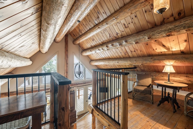 114 Fort Rd, Edgecomb, ME 04556 - interior space featuring wooden ceiling, hardwood / wood-style flooring, and vaulted ceiling with beams