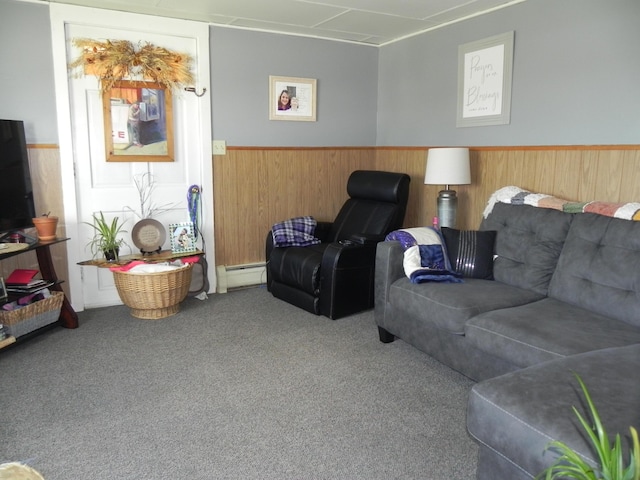 living room with carpet and a baseboard radiator