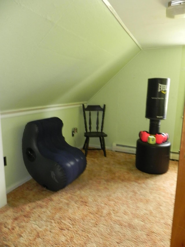 living area with lofted ceiling, carpet floors, and a baseboard radiator