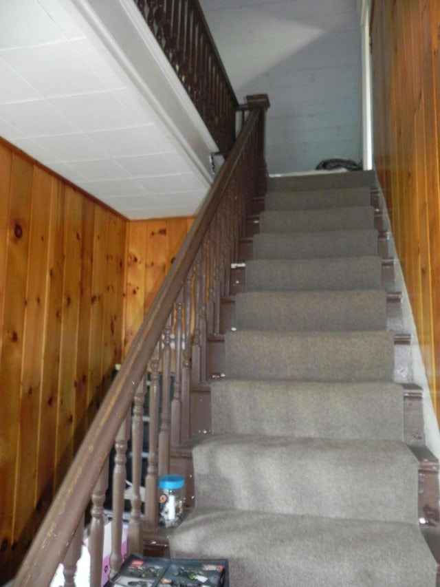 staircase with wooden walls