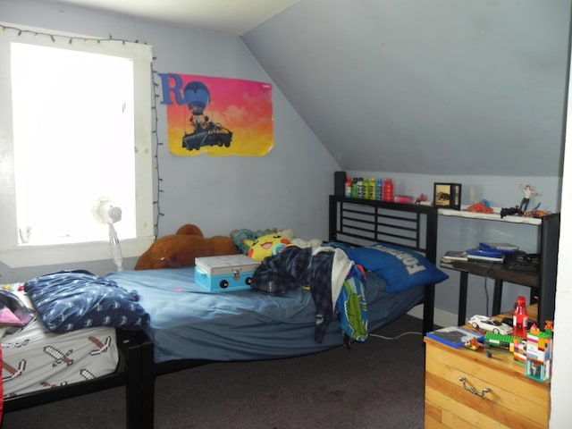 bedroom featuring carpet and lofted ceiling