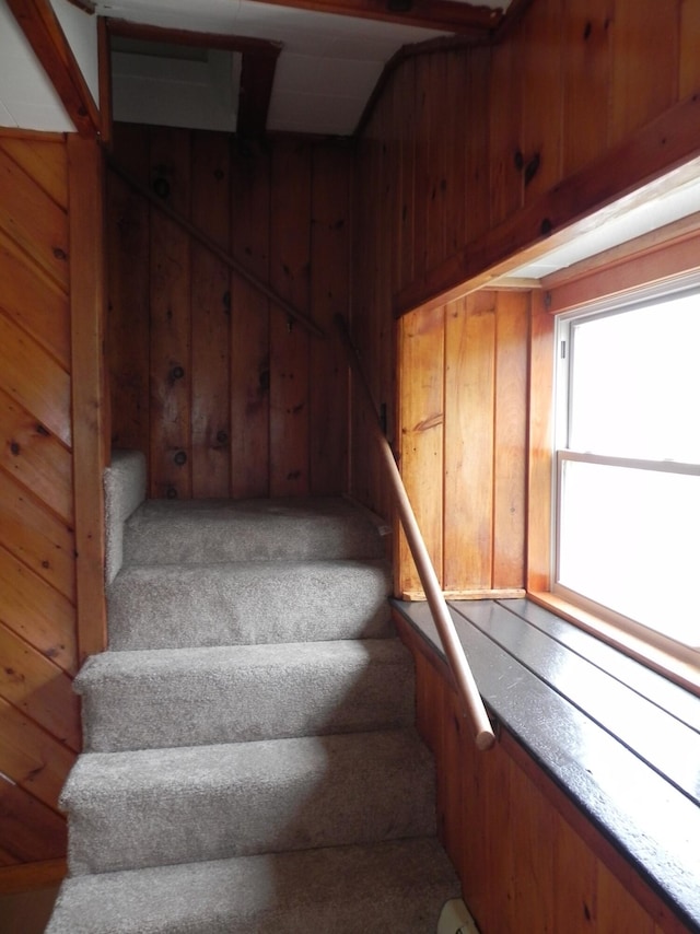 stairway with wooden walls and carpet