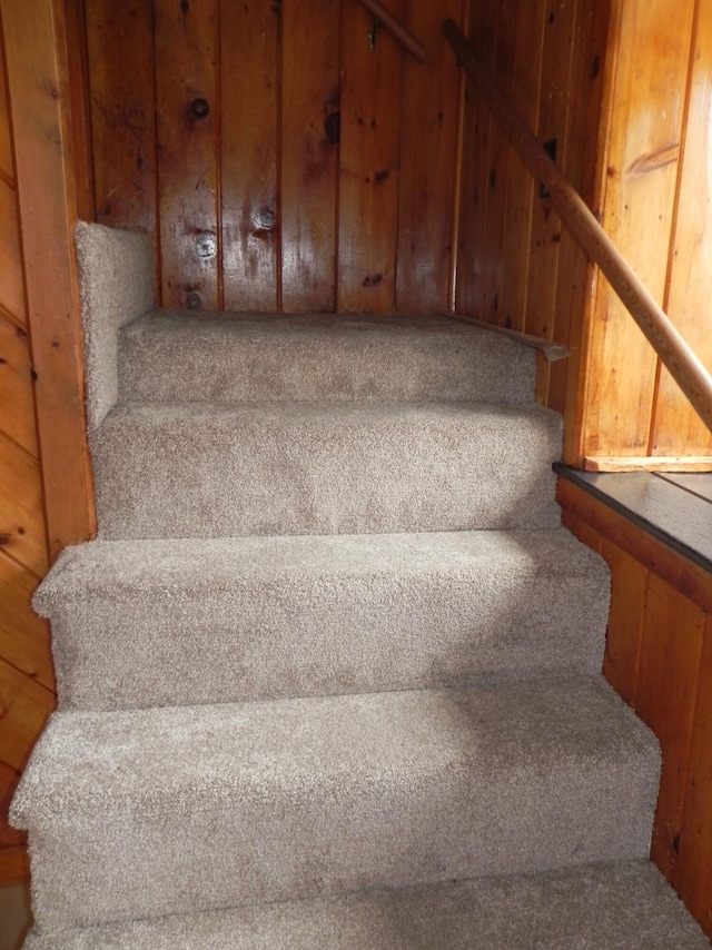 stairway with wooden walls and carpet flooring