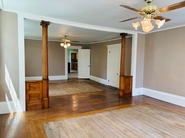 empty room with ceiling fan, light hardwood / wood-style flooring, and ornamental molding