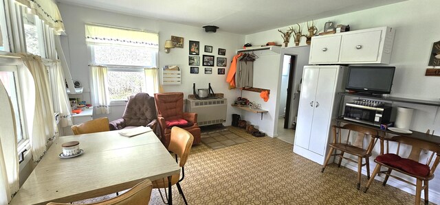 kitchen with radiator heating unit and white cabinets