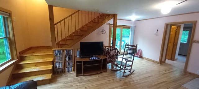 living room featuring plenty of natural light and light hardwood / wood-style floors