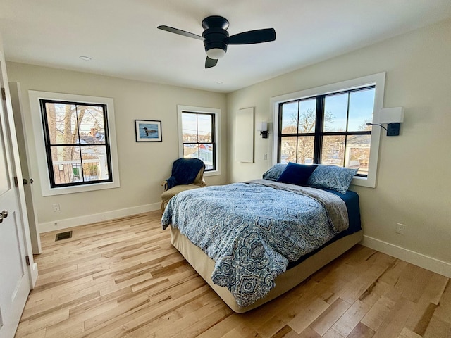 bedroom featuring ceiling fan and light wood-type flooring