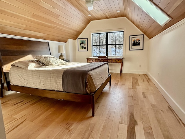 bedroom with lofted ceiling, wooden ceiling, and light hardwood / wood-style floors