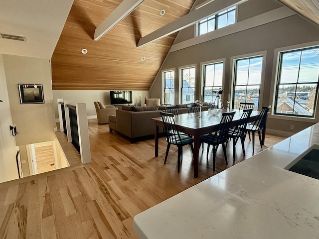 dining room with hardwood / wood-style floors, wood ceiling, and high vaulted ceiling