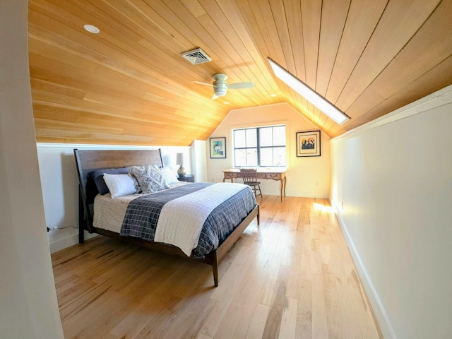 bedroom featuring light wood finished floors, baseboards, wooden ceiling, lofted ceiling, and visible vents
