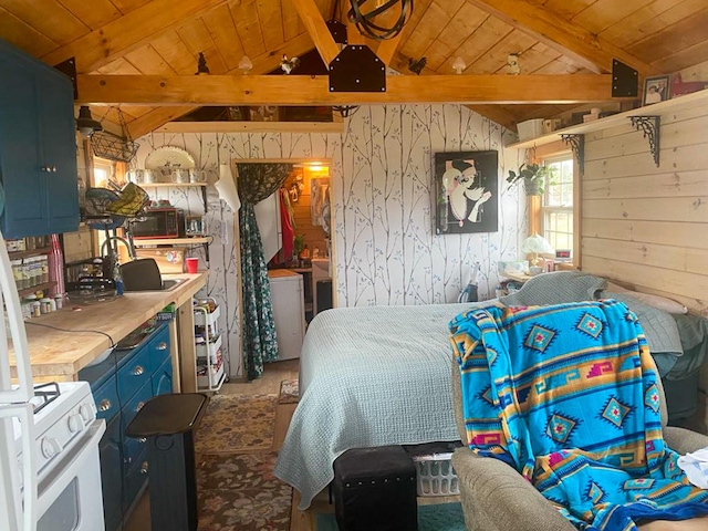 bedroom with wood walls, wood ceiling, and lofted ceiling with beams