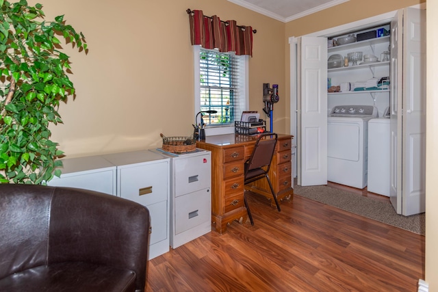 office with dark hardwood / wood-style floors, crown molding, and washing machine and dryer